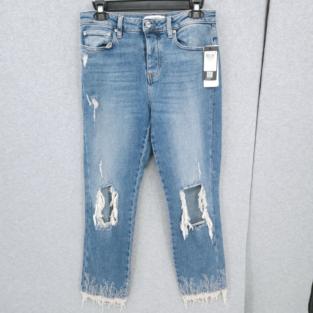 Guess ECO Distressed Ankle Hem Knee Straight Plain Denim Jeans Womens Size 28